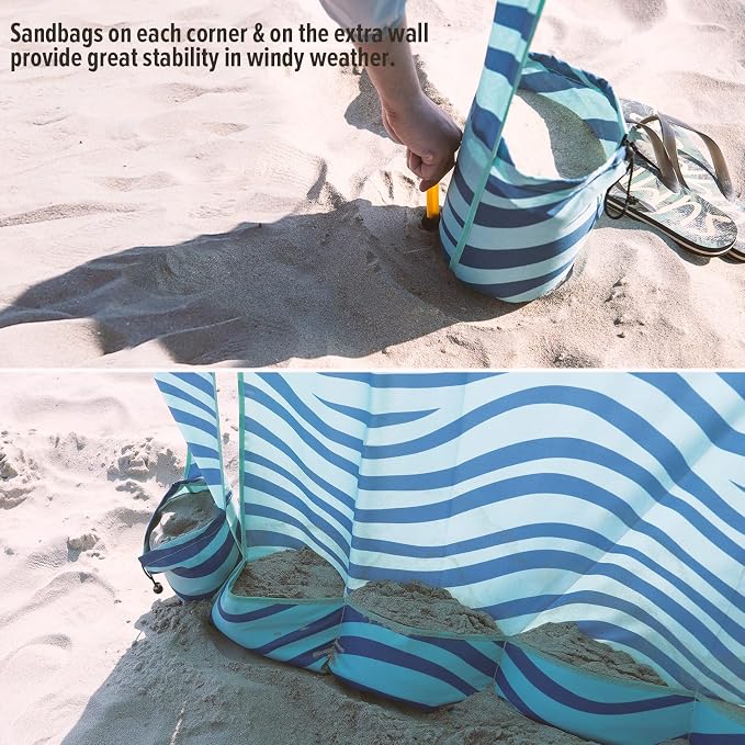 Qipi Beach Cabanas for Sand, Beach Canopy with Sandbags & Side Wall for Family, Easy Set Up Sun Shelter, UPF 50+ UV Protection with Roof Vent - Image 6