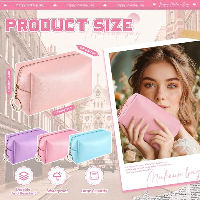 Chunful 24 Pcs Preppy Makeup Bag PU Leather Cosmetic Bag Bulk Makeup Plain Pouch Waterproof Toiletry Purse for Women Traveling Preppy Pencil Case Valentine's Day Gifts(Pastel Color) - Image 2