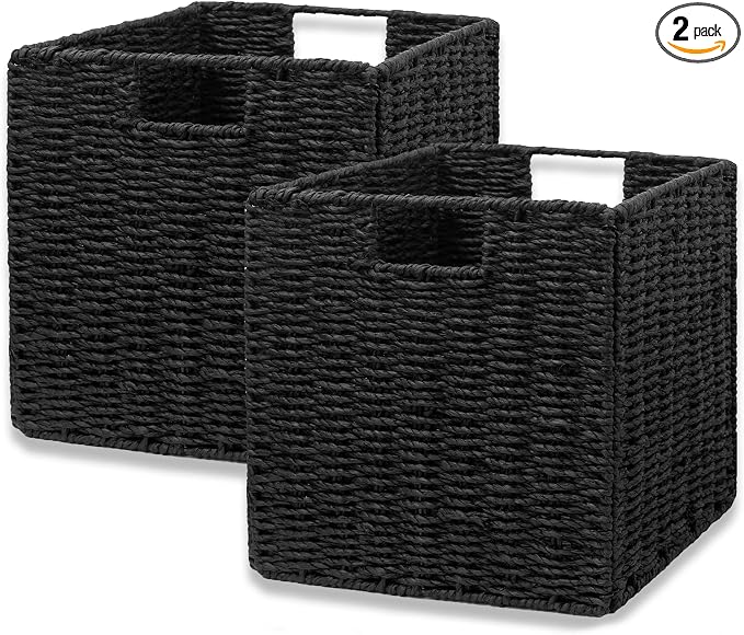 Vagusicc Storage Basket, Set of 2 Hand-Woven Storage Baskets for Organizing with Handles, Foldable Cube Storage Baskets Bins Organizer, 13 inch Large Wicker Baskets for Shelves & Decor, Black by Vagusicc