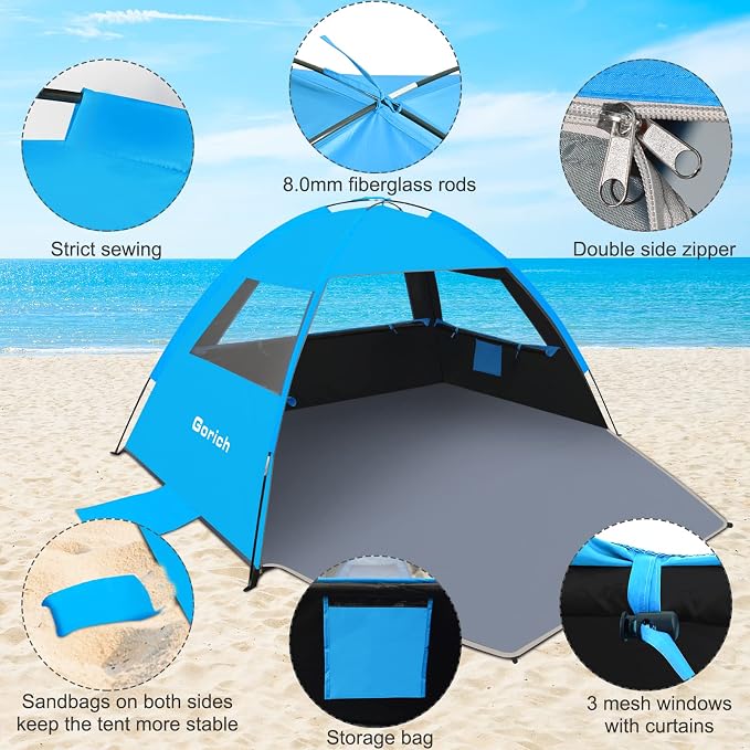 Gorich Beach Tent Sun Shelter for 3/4/6/8/10 Person with UPF 50＋ UV Protection, Lightweight & Easy Setup Beach Shade Canopy, Portable Beach Shade Tent Beach Cabana - Image 5