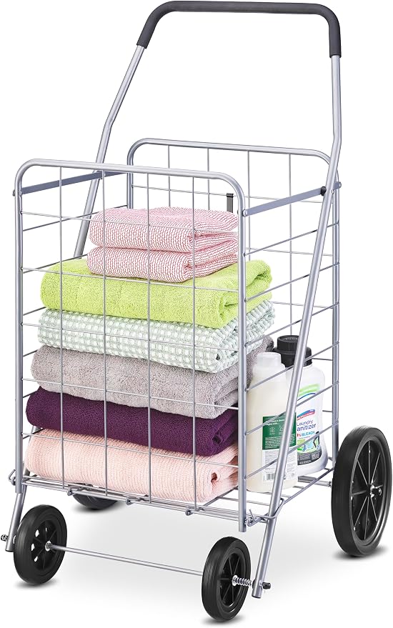 Whitmor Deluxe Utility Foldable Shopping Cart with Wheels, 100 Lb Capacity, Heavy Duty Grocery Cart with Steel Frame, Foam Handle, Rolling Folding Utility Trolley for Grocery, Laundry, Travel, Gray - Image 2