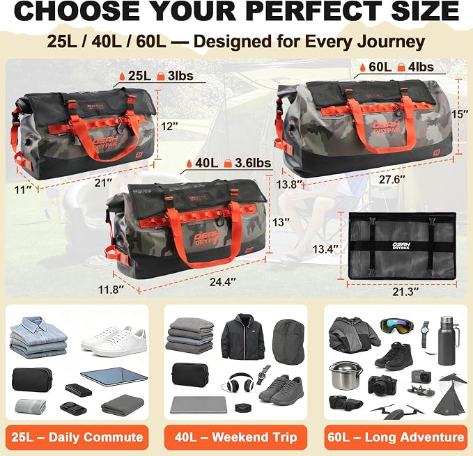 OSAH DRYPAK Waterproof Duffel Bag 25L/40L/60L – Heavy-Duty Motorcycle Tail Bag, Roll-Top Dry Bag for Travel, Camping, Boating, Kayaking, Outdoor Adventure - Image 2