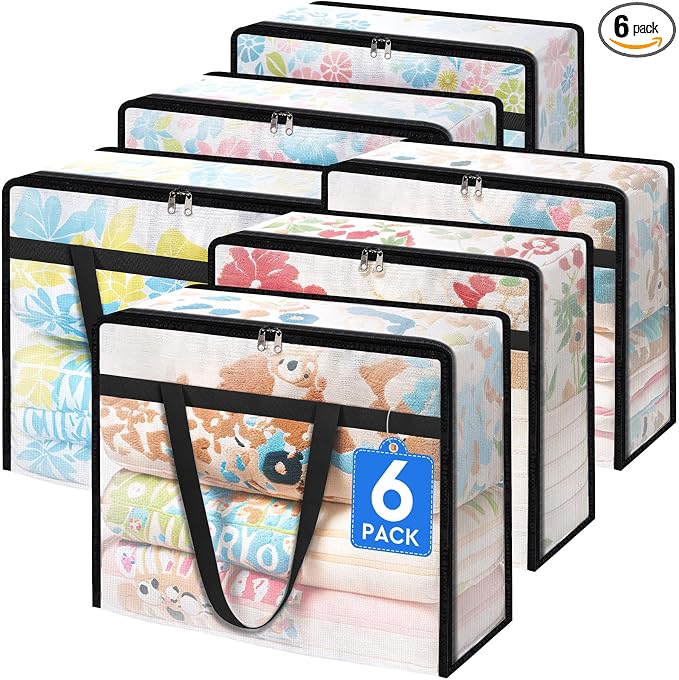 TasticTotes 6 Pack Clear Storage Bags for Comforter, Clothes & Bedding, Plastic Blanket Storage with Zipper and Handle, Moving Bags, Closet Organizer and Under-Bed Storage (40L) by Unknown