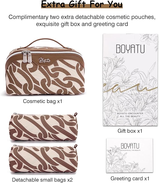 BOYATU Travel Makeup Bag for Women: Large Capacity 3-Piece Cosmetic & Toiletry Organizer - Expands Storage by 50% with 2 Detachable Pouches,Opens Flat for Easy Packing,Waterproof PU Leather(Brown) - Image 3