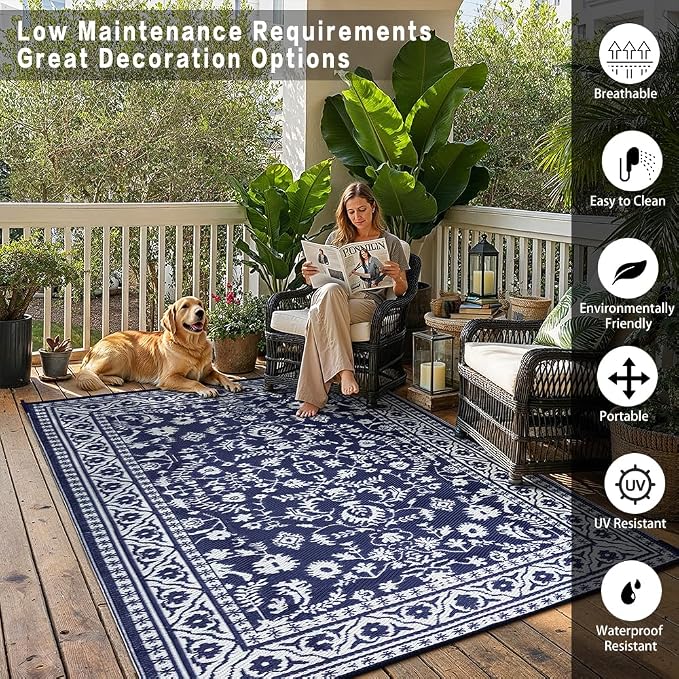 PureCozy Outdoor Waterproof 9x12 Plastic Straw Patio Rug Navy Blue Reversible for Outside Vintage Oriental Carpet Lightweight Large Rug for RV Deck Beach Balcony Picnic Backyard Entry Porch - Image 4