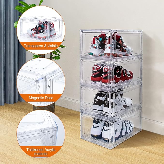10 Pack Large Shoe Boxes Clear Stackable, Space Saving Acrylic Shoe Boxes Shoe Organizers Foldable Shoe Container Boxes that Fits Up to Size 14 Shoes - Image 5