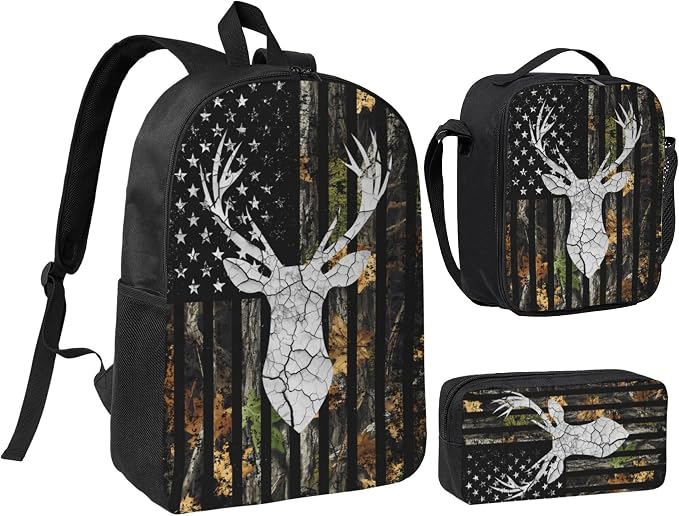 Deer Hunting Kid Backpack Set with Lunch Bag & Pencil Case Large Capacity School Bag 17 Inch Bookbag for Boy Girl by thmnj