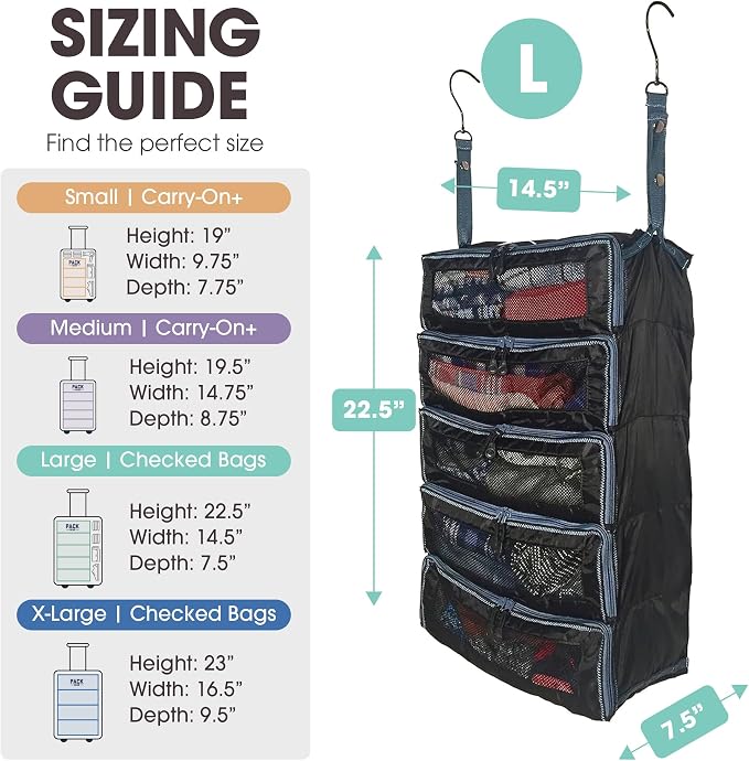 Pack Gear Hanging Suitcase Organizer - Our Large Hanging Luggage Organizer Fits Any Suitcase - Our Packing Cubes For Travel Uses Mesh Windows to Make it Easy to Find your Clothes (Black, L) - Image 4