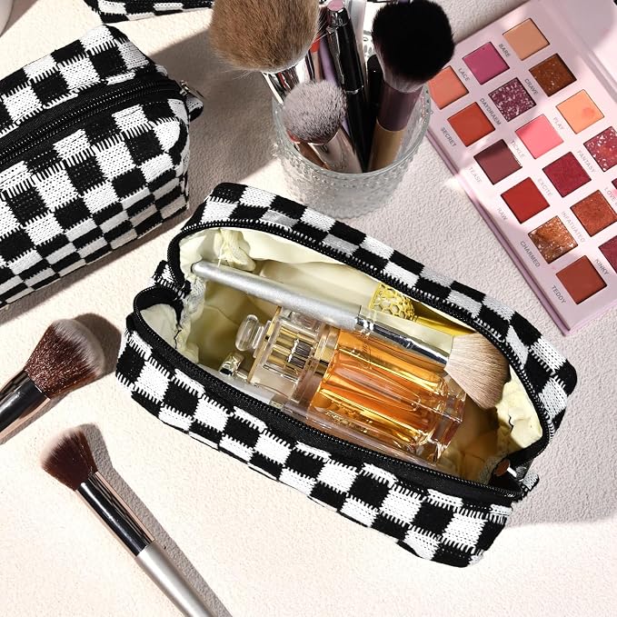 SOIDRAM 2 Pack Checkered Makeup Bag for Women, Cute Makeup Pouch Small Makeup Bag Travel Cosmetic Organizer for Toiletries, Brushes & Skincare - Image 2