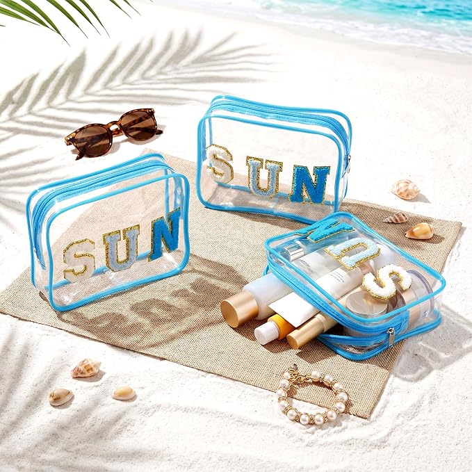 Kacctyen 12 Pcs Clear Sun Makeup Bags Bulk Sunscreen Pouch for Beach Pool Waterproof Toiletry Cosmetic Zipper Organizer with Preppy Chenille Letter Patch Women Girls Summer Vacation Gifts Essentials - Image 4
