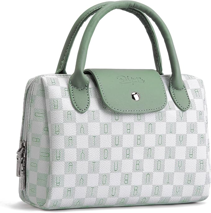 BOYATU Checkered Makeup Bag Organizer with Handle: Large Travel Cosmetic Bag Holds 10+ 100ml Full-Size Bottles for Date & Trip - Waterproof Leather Toiletry Pouch 3-sec Touch-up for Chic Woman(Green) by BOYATU