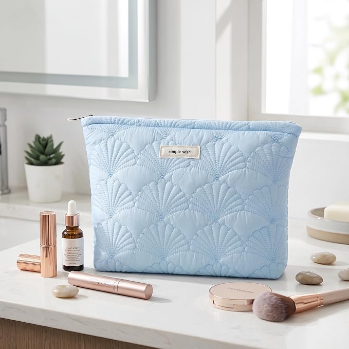 RSRSLEII Quilted Cotton Coquette Makeup bag, Coastal Granddaughter Aesthetic Cosmetic Bag, Cute Seashell Portable Travel Toiletry Pouch (11 Light Blue) - Image 4