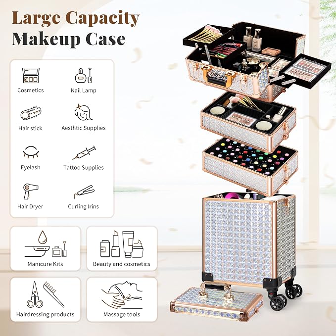 AROUS 5 in 1 Rolling Makeup Train Case with Lid Cosmetology Case on Wheels | Large Cosmetic Trolley Organizer with Keys Salon Barber Case Traveling Cart Trunk for Artist Hairstylists Nail Tech,White - Image 4