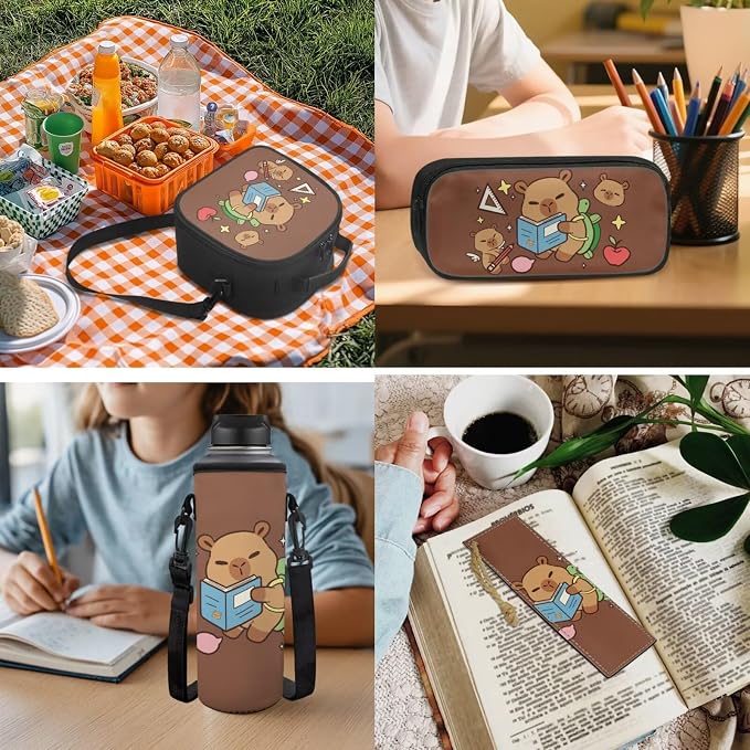 Cappybara Backpack 5 Pcs Kids Backpack with Lunch Box Water Bottle Pouch and Kawaii Pencil Case Bookmark 5Pcs Set for Travel Preschool Back to School Supplies - Image 5