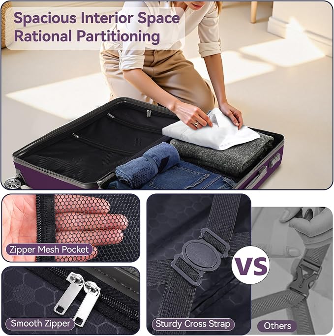 Hoteel 20 Inch Luggage Set 3 Piece, Hardside Carry On Suitcase with TSA Lock and Spinner Wheels, Includes Expandable Duffel Bag and Toiletry Bag, Lightweight ABS+PC, Purple - Image 5