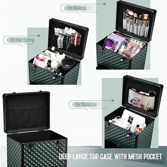 Yueieoun Nail Trolley Cart with 3 Drawers, Salon Station Cosmetology Case on Wheels Rolling Makeup Train Case Nail Case Organizer Beauty Salon Travel Case for Nailart,SPA,Hairstylist,Artist,Dark Green - Image 2
