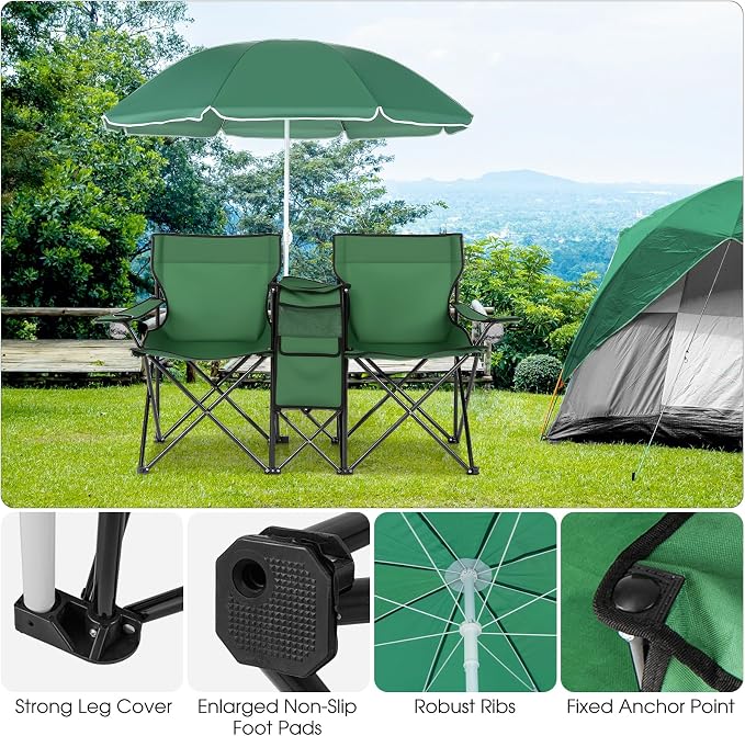 Goplus Double Camping Chair with Umbrella, Folding Loveseat Chairs w/Canopy Shade, Carrying Bag, Table, Cup Holder, Portable Beach Chairs Outdoor Picnic Patio (Green) - Image 7