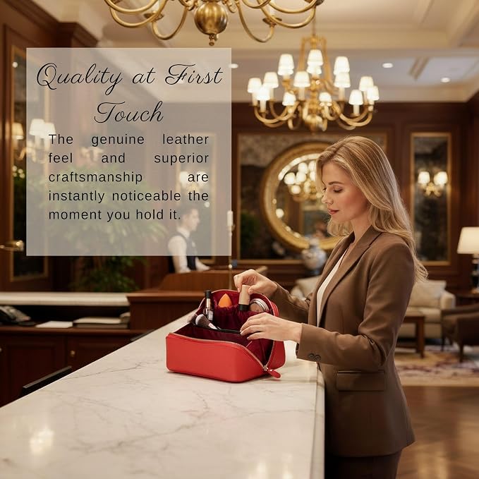 VENOULT Makeup Bag, Spacious Cosmetic Case for Women, Portable 180° Wide-Open Flat Cosmetic Bag, Travel Toiletry Organizer with Handle, Hanmdade, Full Grain Genuine Turkish Leather (Carmine) - Image 7
