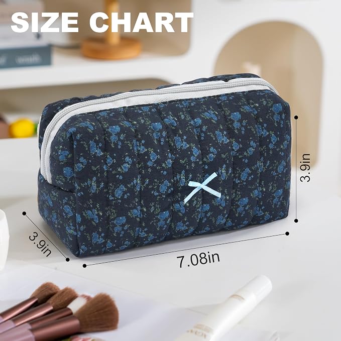 Makeup Bag Travel Toiletry Bag for Women, Small Cosmetic Bags Aesthetic Organizer Quilted Cotton Makeup Pouch&Purse Emergency Bag Floral Pencil Case Accessory Bag, Midnight Blue - Image 2