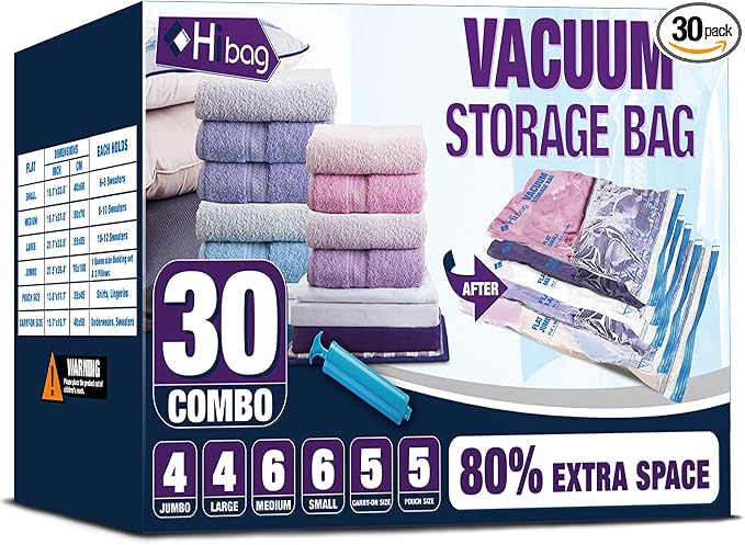 30 Combo Vacuum Storage Bags, Vacuum Seal Bags for Clothing and Bedding | Various Size, Airtight Triple Seal, Save 80% Space, Hand Pump, Work with Vacuum, Double Zip, Reusable, Easy to Use by HIBAG