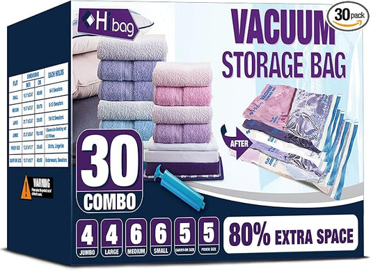 30 Combo Vacuum Storage Bags, Vacuum Seal Bags for Clothing and Bedding | Various Size, Airtight Triple Seal, Save 80% Space, Hand Pump, Work with Vacuum, Double Zip, Reusable, Easy to Use by HIBAG