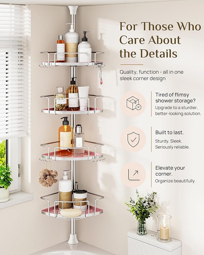 ALLZONE Corner Shower Caddy Tension Pole, 4 Hang-On Basket with Mixed-Height Shelves for Various Bottle Sizes, Extra Hooks & Soap Holder, Rustproof Stainless Steel, Fits 34–116 Inch, Silver/Pink - Image 5