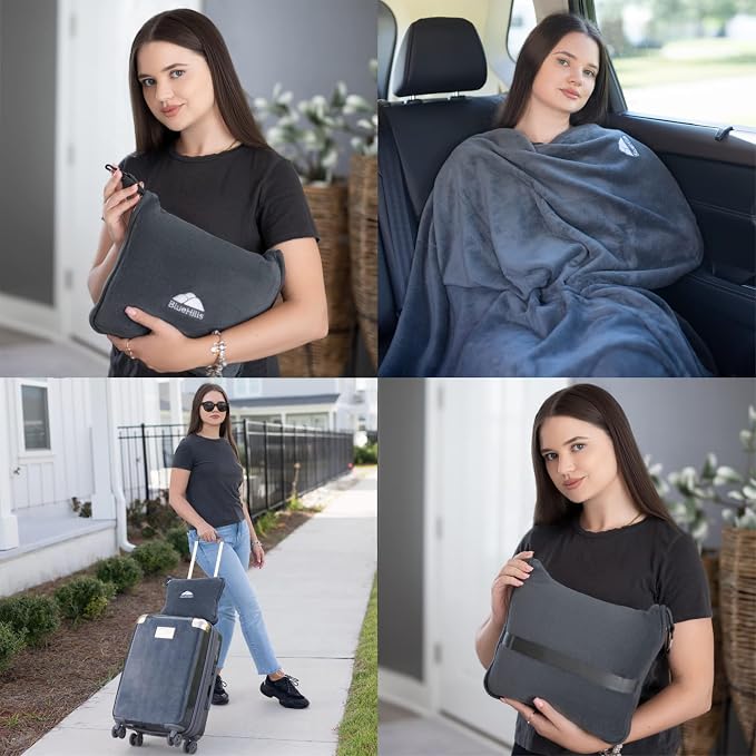 BlueHills Premium Soft Long Travel Blanket Pillow Airplane Large Size Gray | 70 X 48 Large Travel Blanket, Soft Bag Pillowcase, Hand Luggage Belt & Backpack Clip, Long Flight Essentials, Travel Gifts - Image 3