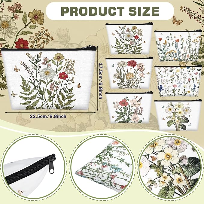 Sweetude 12 Pcs Flower Makeup Bags Bulk Portable Travel Cosmetic Bags with Zipper Wildflower Floral Waterproof Roomy Travel Toiletry Organizer Storage Pouch for Women Birthday Party Gifts - Image 3