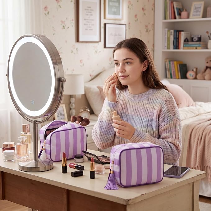 Kacctyen 6 Pack Lavender Purple and White Striped Makeup Bag bulk with Tassel Travel Cosmetic Pouch Organizer Large Zipper Toiletry Case for Women Aesthetic Storage Pouch Mahjong Tile Bag - Image 6