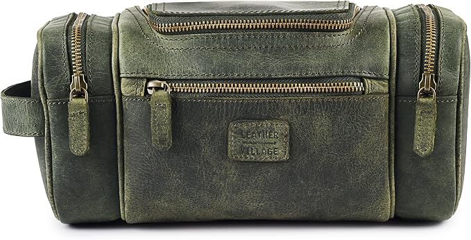 LEATHER VILLAGE Genuine Leather Travel Dopp Kit for Men & Women – Water-Resistant Large-Capacity Hanging Toiletry Bag for Travel, Grooming, Bathroom Organization, Shaving Essentials & Gym Use - Olive - Image 2