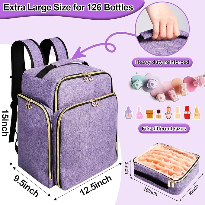 Nail Polish Organizer Backpack Holds 126 Bottles& Nail Lamp, Extra Large Nail Kit Supplies Organizer Bag with 3 Removable Cases, Portable Nail Organizers and Storage for Travel (Noble Purple) - Image 6