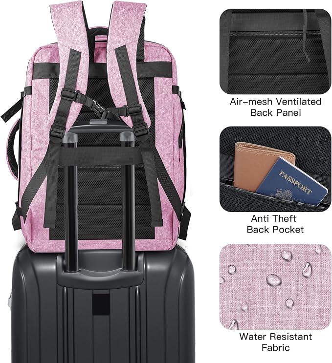 Carry On Backpack, 40-50L Travel Backpack for Men & Women, Expandable Backpack For Airplanes, 17 Inch Laptop Backpack, Luggage Suitcase 40L Daypack Lightweight Business Weekender Bag, Light Pink - Image 5
