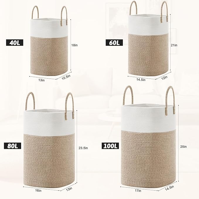 Laundry Basket,Woven Cotton Rope Laundry Hamper,Versatile Storage for Dirty Clothes,Baby Toys,and Blankets in Bathroom, Nursery,and Living Room (Brown, 60L) - Image 3
