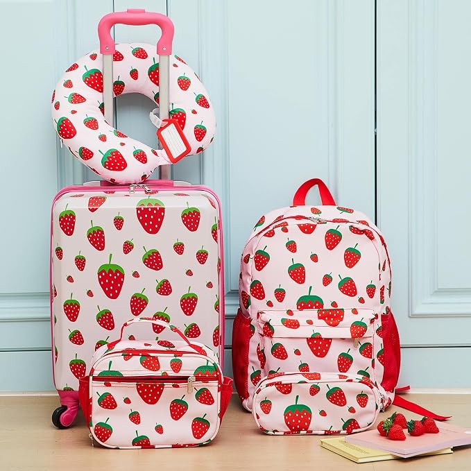 Redbaker 6 Pcs Kids Luggage Set, 17 Inch Rolling Suitcase with Backpack Lunch Bag Neck Pillow, Pink Strawberry Travel Set for Summer Vacation Sleepover Back to School Gift - Image 7