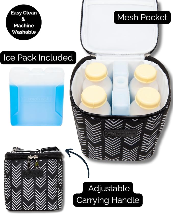 Sarah Wells Cold Gold Breastmilk Cooler with Ice Pack (Black & White) | Fully-Lined Insulated Interior, Fits 4-6 Bottles, Zippered Lid, Great for Workdays, Travel & Pumping Days, Machine Washable - Image 2