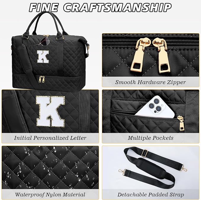 Gifts for Women Girls Initial Travel Duffle Bag Quilted Weekender Carry-On Overnight with Cosmetic Bag, Gym Bag with Shoe Compartment, Black K - Image 6