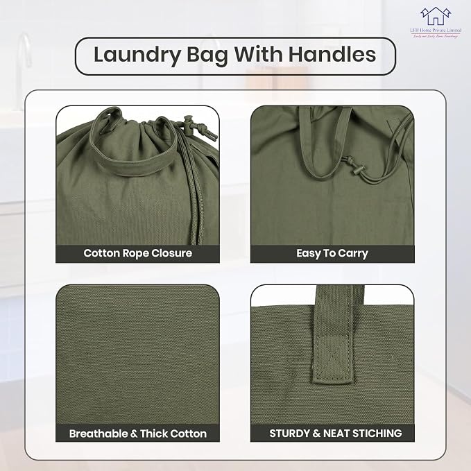 LFH Home Large Premium 1pack Cotton Rich Canvas Laundry Bag with Drawstring and Handles Heavy Duty, Multi-Use, and Washable for Home, Travel, College or Storage 28x40-Military Green - Image 6