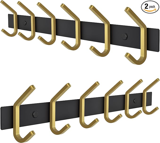 Coat Rack Wall Mount – Black and Gold Hook Rail with 6 Double Coat Hooks, 17 Inch Stainless Steel Wall Hooks for Entryway, Bathroom, Bedroom, Closet, Towel, Hat, Bag, Heavy Duty Organizer - 2 Pack by SAYONEYES