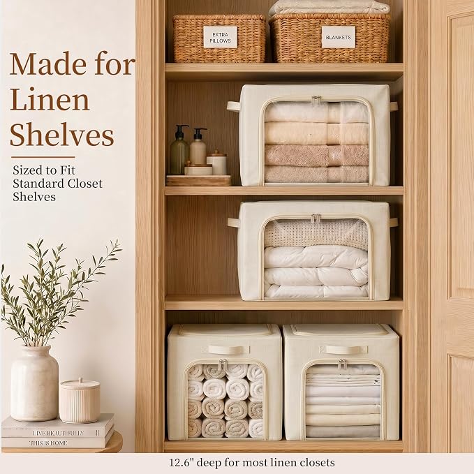 GoMaihe 3 Opening Clothes Storage Bins with Metal Frame, 40L Sweater Storage Organizer for Upper Shelf Closet Storage Boxes with Clear Window for Hoodies Jeans Towel 3-Pack Beige - Image 9