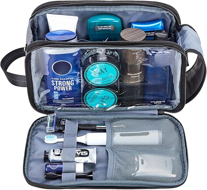 ZEEMO Travel Toiletry Bag for Men, Medium Water-Resistant Double-Sided Full-Open Dopp Kit, Versatile Organizer for Shower and Hygiene Accessories, Bathroom Essentials, Cosmetics, Grey