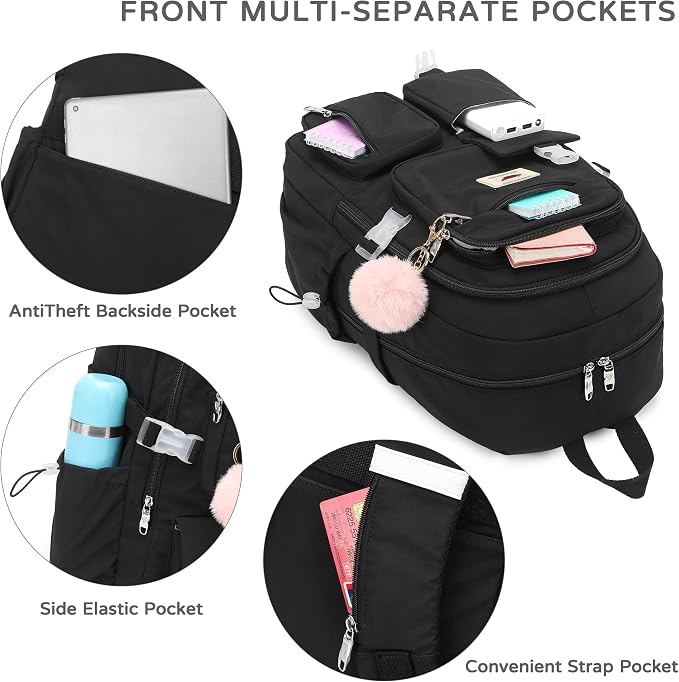 Laptop Backpack 15.6 Inch Elementary Middle High School Bag College Backpacks with Lunch Box Pencil Pouch 3 PCS Set Travel Bookbags for Teens Girls Women Students (Black) - Image 3