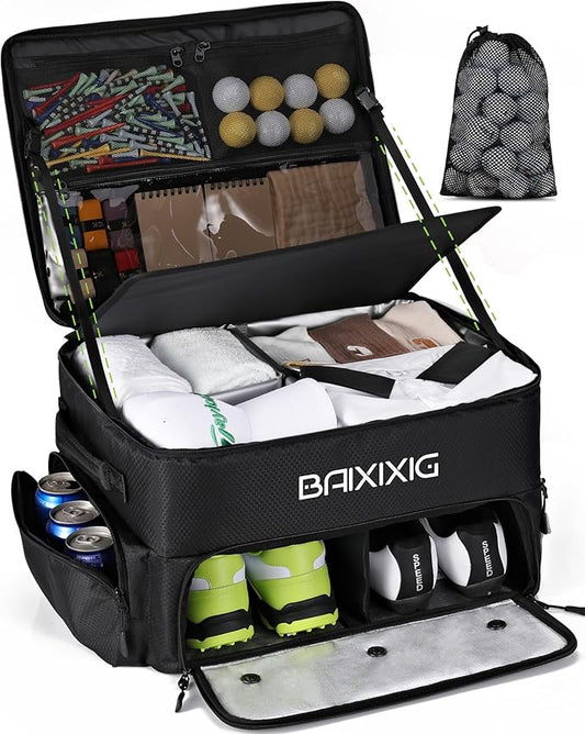 Golf Trunk Organizer, Waterproof Car Golf Locker with Separate Ventilated Compartment for 2 Pair Shoes, Golf Storage for Balls, Tees, Cap, Clothes, Gloves, Accessories, Gifts for Men, Women by BAIXIXIG