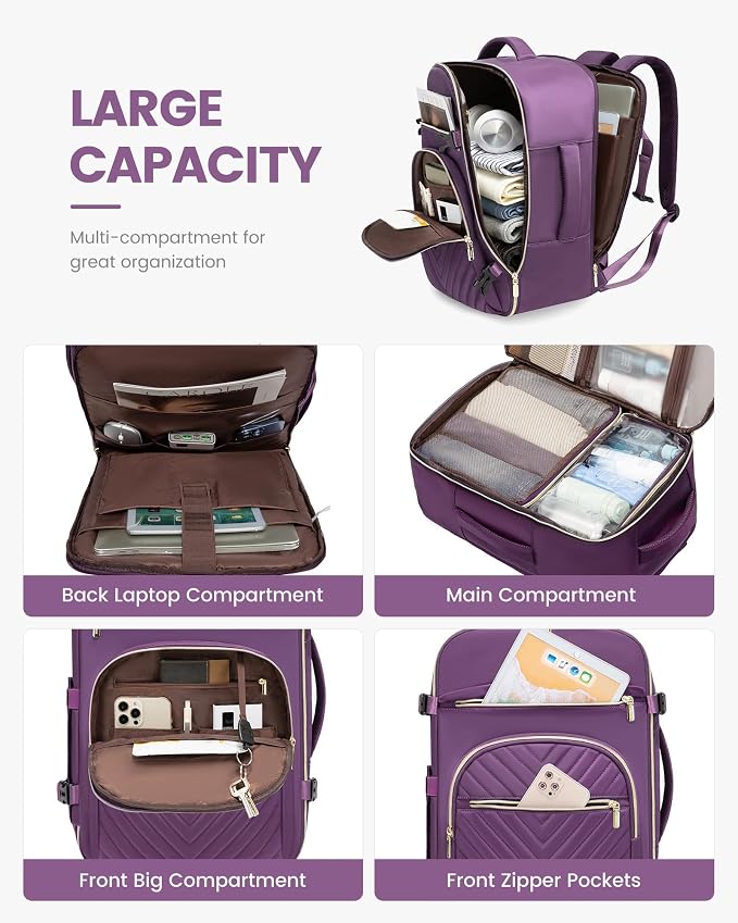 LOVEVOOK Large Travel Backpack for Women, TSA Carry on Backpack for Airplanes, 40L Personal Item Travel Bag fits 17" Laptop, Waterproof Carry on Bag Flight Approved with 4 Packing Cubes - Image 3