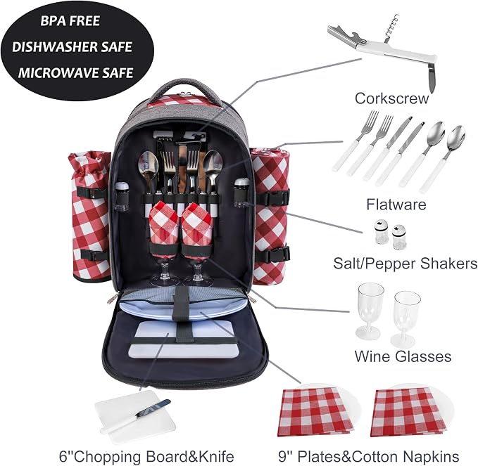 apollo walker Picnic Backpack Bag with Cooler Compartment, Detachable Bottle/Wine Holder, Fleece Blanket, Plates and Cutlery Set (2 Person, Gray) - Image 2