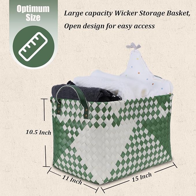 BROWNLILY Handwoven Clothes Basket Laundry Hampers Large Wicker Storage Baskets for Shelves Blankets Closet Storage Bins Car Bedroom Bathroom Organizers and Storage Bath (Pack of 4, Green&White) - Image 3