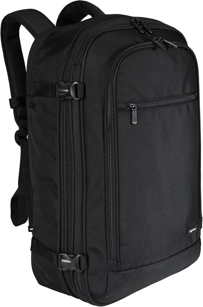 Amazon Basics Travel Backpack,Carry-On with Laptop Compartment, 1.55 cu. ft. Capacity,Expandable for 10% Extra Space,Convertible Backpack & Shoulder Bag,Multiple Pockets,13.8"W x 21.5"H x 9.5"D, Black by AmazonBasics