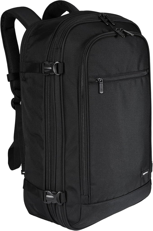 Amazon Basics Travel Backpack,Carry-On with Laptop Compartment, 1.55 cu. ft. Capacity,Expandable for 10% Extra Space,Convertible Backpack & Shoulder Bag,Multiple Pockets,13.8"W x 21.5"H x 9.5"D, Black by AmazonBasics