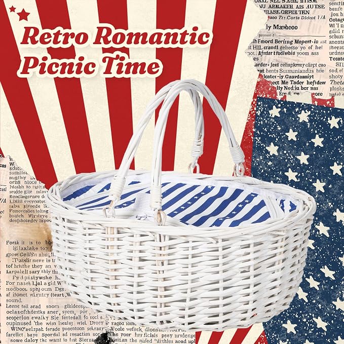 Wicker Picnic Basket with Insulated Lined Bag 15“ x 11” x 7“ Blue, White Star Stripe Pattern, Iced Beer Insulated Bag for Camping, Picnics, Birthday Gifts, Wedding Gifts - Image 9