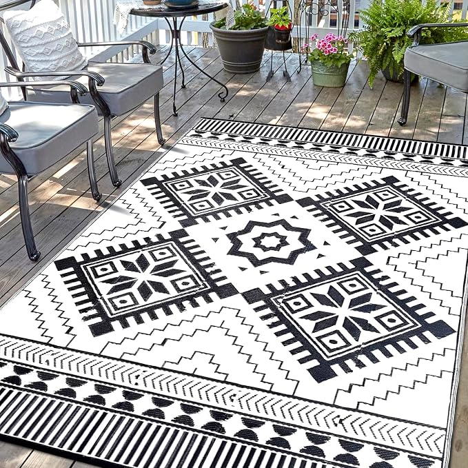 Waterproof Outdoor Rug 6x9ft, Boho Reversible Plastic Straw Mat for Patio RV Deck Porch Backyard Balcony Camping Picnic Beach Indoor Outdoor Carpet, Black&White by DiiKoo