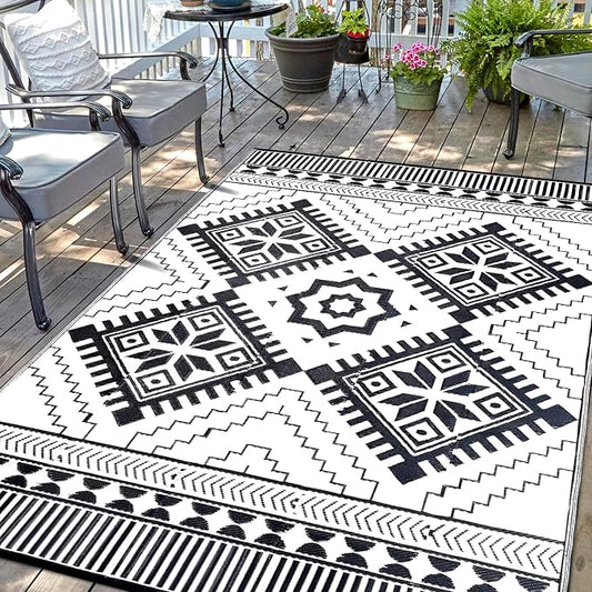 Waterproof Outdoor Rug 6x9ft, Boho Reversible Plastic Straw Mat for Patio RV Deck Porch Backyard Balcony Camping Picnic Beach Indoor Outdoor Carpet, Black&White by DiiKoo